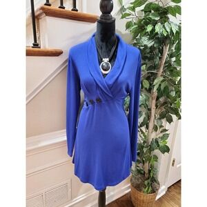 Moqivgi Women's Solid Blue Rayon V-Neck Long Sleeve Knee Length Dress Medium